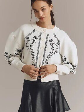 Anthropologie Sculpted Puff-Sleeve Floral Cardigan Sweater Women's Size XS Ivory
